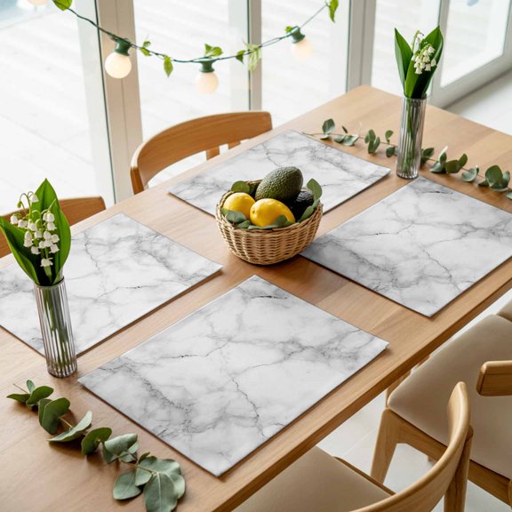 White Gray Modern Marble Texture Placemats Set of 4,Wipeable Washable Table Mats for Dining Tables, Abstract Stone Crack Place Mats for Kitchen Event Party Tabletop Decor
