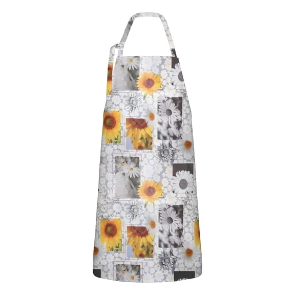 White Gray Photo Frame Daisy Sunflower Apron-Garden Aprons for Women with Pockets-Cotton Linen Waterproof Kitchen Cooking Gardening Aprons Adjustable for Kitchen,Cooking,BBQ and Salon 33x27 Inch