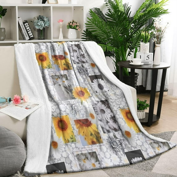 White Gray Photo Frame Daisy Sunflower Pattern Blanket,Comfortable Soft Lamb Wool Throw Blanket,All Season,Warm Lightweight Blankets for Sofa Bed Couch Living Room Chair,50"x60"