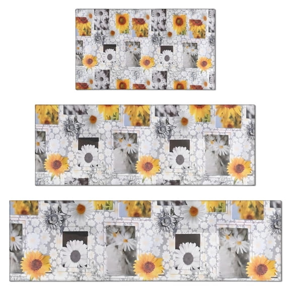White Gray Photo Frame Daisy Sunflower Pattern Kitchen Rugs Sets Of 3,Kitchen Runner Rugs Non Skid Washable,Decorative Kitchen Floor Mats for Kitchen,Sink,Laundry,17"x30"+ 17"x47" + 17"x59"