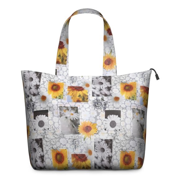 White Gray Photo Frame Daisy Sunflower Pattern Travel Tote Bags for Women Carry On,Large Weekender Bags for Women Travel,Multi Functional Duffle Bag for Work,Shopping,Sports