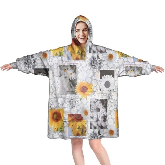White Gray Photo Frame Daisy Sunflower Pattern Wearable Oversized Blanket,Wearable Blanket Hoodie for Adults,Cozy Hooded Blankets with Super Pockets,Super Warm Fuzzy Pullover for Women & Men