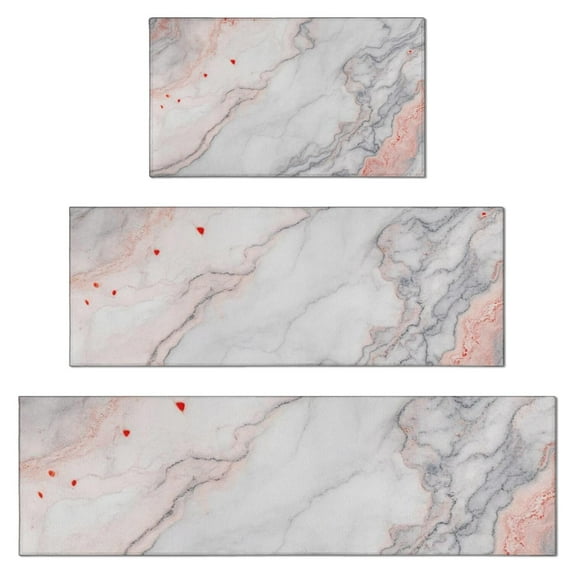 White Gray Red Marble Pattern Kitchen Rugs Sets Of 3,Kitchen Runner Rugs Non Skid Washable,Decorative Kitchen Floor Mats for Kitchen,Sink,Laundry,17"x30"+ 17"x47" + 17"x59"