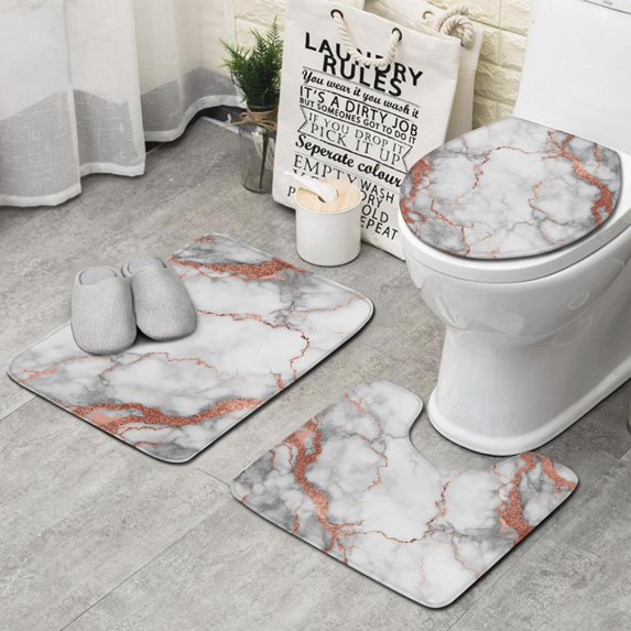 White Gray Rose Gold Marble Pattern Bathroom Rugs Sets 3 Piece,Toilet Cover Set,Absorbent Non Slip Bathroom Mats Sets with U-Shaped Contour Rug Toilet Rug Set