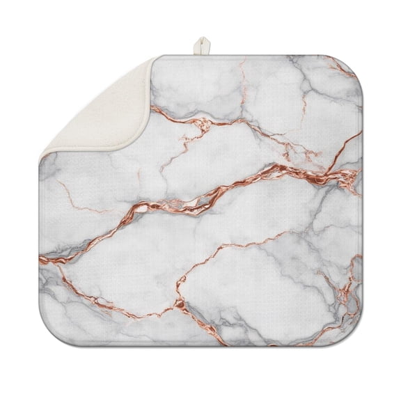 White Gray Rose Gold Marble Pattern Dish Drying Mat for Kitchen 1 Pack, Ultra Absorbent Microfiber Dishes Drainer Mats,16"x18"