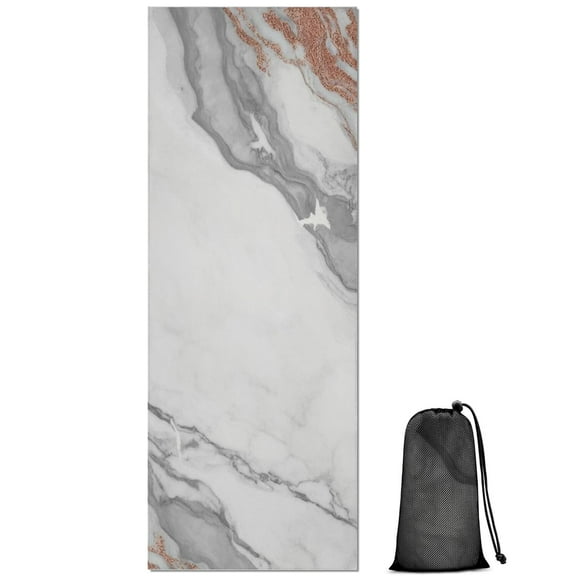 White Gray Rose Gold Marble Pattern Hot Yoga Mat Towel Non Slip for Hot Yoga - Quick-Drying Yoga Mat Cover with 4 Corner Pockets with Travel Bag - Hot Yoga Towel Non Slip 70"x26"