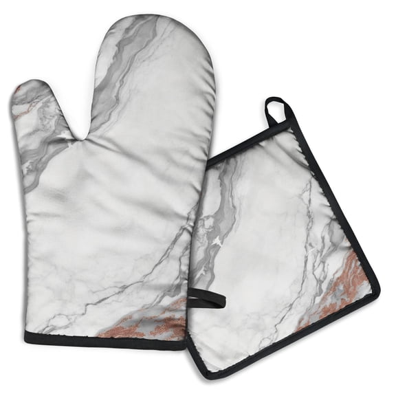 White Gray Rose Gold Marble Pattern Kitchen Oven Mitt and Pot Holder Sets 2 Pcs for Baking, Cooking and Grilling, Heat Resistant Up To 392 °F