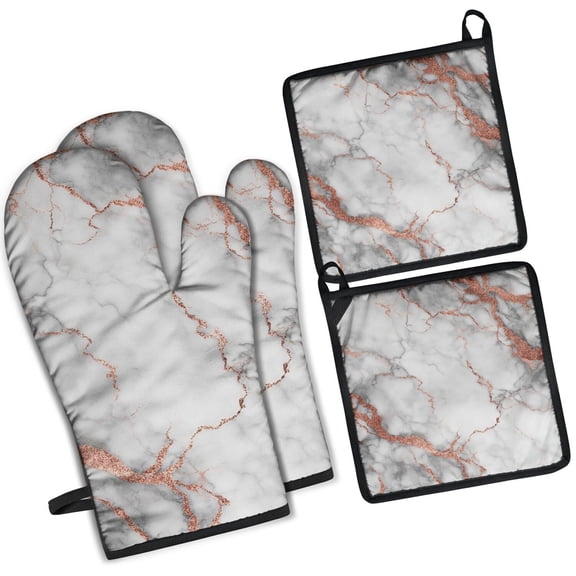 White Gray Rose Gold Marble Pattern Kitchen Oven Mitt and Pot Holder Sets 4 Pcs for Baking, Cooking and Grilling, Heat Resistant Up To 392 °F