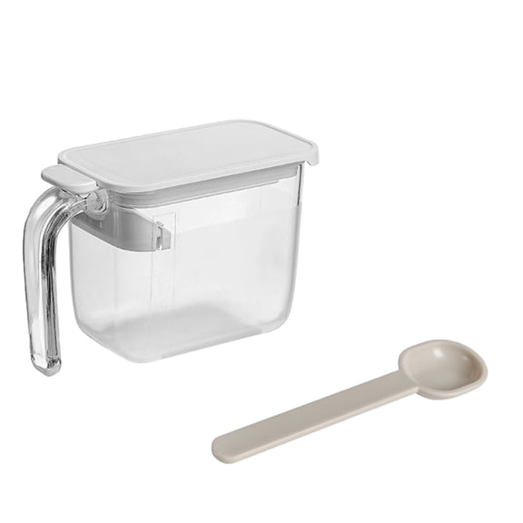White & Gray Seasoning Box with Spoon | Sugar Jar with Lid | 14.7x9.5x6.8cm Kitchen Condiment Storage | Powder Dispenser for Spices, Sugar, Garlic