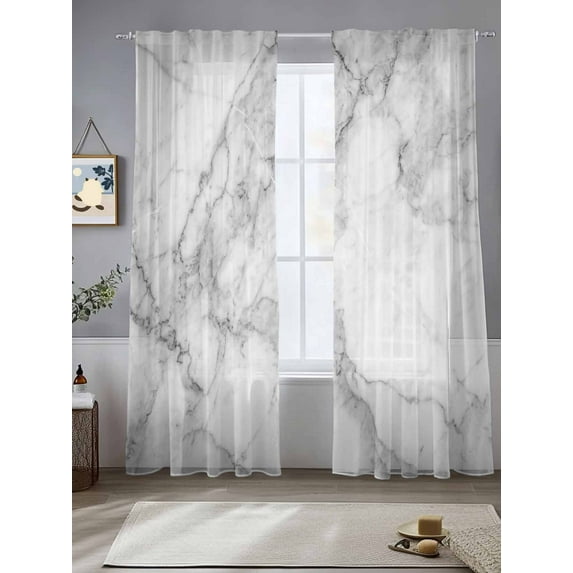 White Gray Sheer Curtains 96 Inches Long 2 Panels Abstract Art Marble Texture Modern Simple Light Filtering Semi Sheer Window Curtains Drapes for Bedroom Living Room 52"x96"