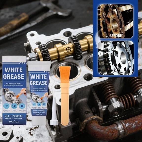 White GreaseMulti-Purpose Lithium Grease • Heavy-Duty Waterproof Rust-Proof Garage Door Hinge Bearing Gear Chain Lube • Brush Applicator