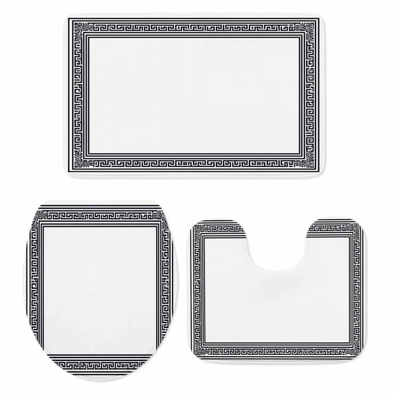 White Greek Key Bath Mat 3 Piece Bathroom Rug Set, Geometric Greece Ancient Farmhouse Geo Non Slip Bath Rug Contour Mat and Toilet Lid Cover, Absorbent Shower Mats Soft Bath Rugs and Mats Sets