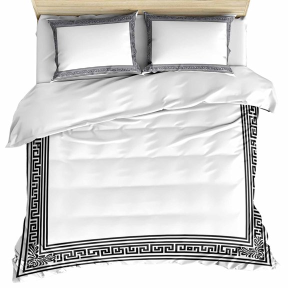 White Greek Key Bedding 3 Piece Duvet Cover Set Queen Size, Geometric Greece Ancient Farmhouse Geo Soft Microfiber Comforter Cover with Zipper Closure & Pillowcases, FadeResistant Quilt Cover