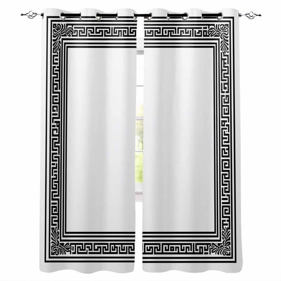 White Greek Key Blackout Curtains for Bedroom Living Room Darkening Curtains 54 Inch Long Geometric Greece Ancient Farmhouse Geo Short Curtain for Small Window Treatment Grommet Drapes 42"x54"x2