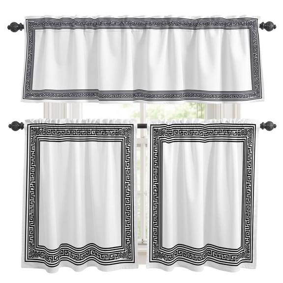 White Greek Key Kitchen Curtains,Kitchen Curtains and Valances Set of 3,Geometric Greece Ancient Farmhouse Geo Light Filtering Tailored Tier Curtain 36 Inch Length Drapes for RV Cafe Bathroom Bedroom