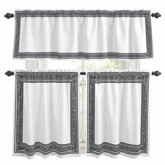 White Greek Key Kitchen Curtains Sets for Windows 36 Inch Length, Geometric Greece Ancient Farmhouse Geo Rod Pocket Window Treatments Tier Curtains and Valances Set for Bedroom/Bathroom