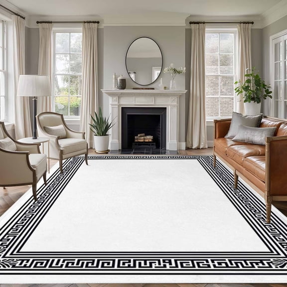 White Greek Key Large Area Rug 8x10 FT, Non Slip Living Room Throw Carpet, Geometric Greece Ancient Farmhouse Geo Washable Soft Indoor Outdoor Carpet Non-Shedding Rug for Bedroom Dining Room