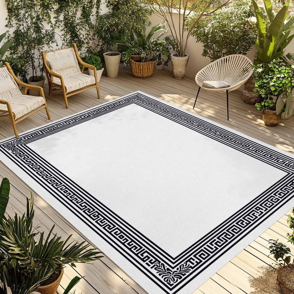 White Greek Key Outdoor Rug 5x7 Ft - Reversible Patio Rug Outdoor Camping Rugs, Geometric Greece Ancient Farmhouse Geo Washable Indoor Outdoor Area Rugs, Non-Slip Outdoor Carpet Runner for Deck/Porch