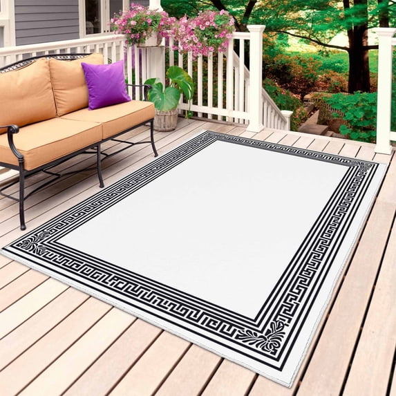 White Greek Key Outdoor Rug for Patio/Deck/Porch, Non-Slip Large Area Rug 4 x 6 Ft, Geometric Greece Ancient Farmhouse Geo Indoor Outdoor Rugs Washable Area Rugs, Reversible Camping Rug Carpet Runner