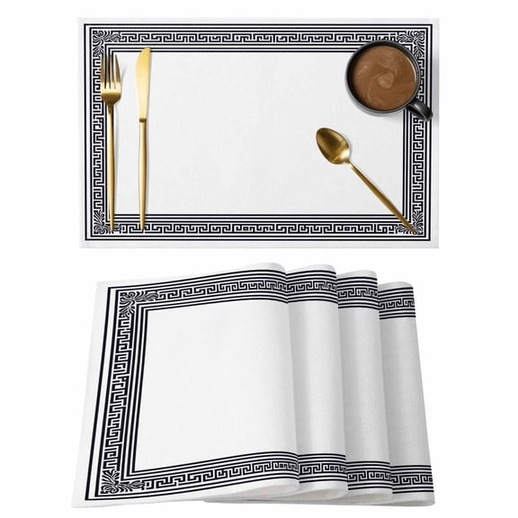 White Greek Key Placemats Set of 8 Geometric Greece Ancient Farmhouse Geo Place Mats Indoor Wipeable Table Mats Washable Cloth Dining Table Placemats for Kitchen Holiday Party Home Decor 13x19 Inch