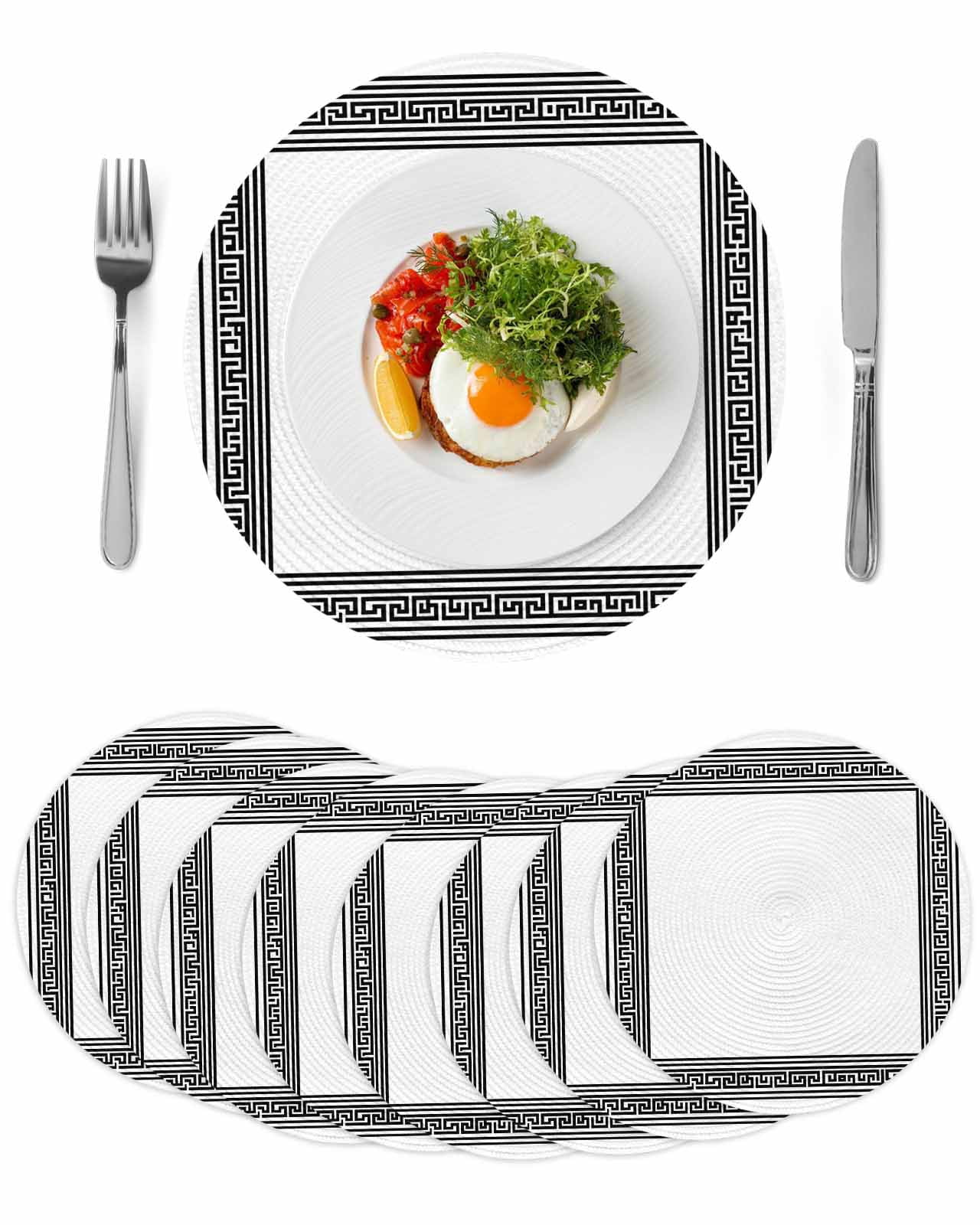 White Greek Key Round 13 Inch Placemats Set of 8, Geometric Greece ...