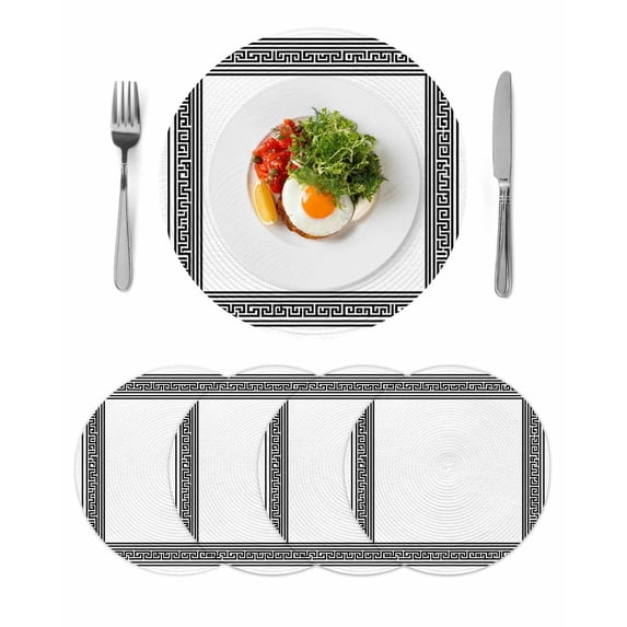 White Greek Key Round 15 Inch Placemats Set of 4, Geometric Greece Ancient Farmhouse Geo HeatResistant Non Slip Place Mats for Dining Table, Wipeable Braided Kitchen Table Mats for Housewarming