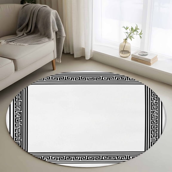 White Greek Key Round Area Rug 3.3 FT, Non Slip Small Entryway Kitchen Mat, Geometric Greece Ancient Farmhouse Geo Washable Soft Circular Rug Non-Shedding Door Mat for Bathroom Playroom Kids Room