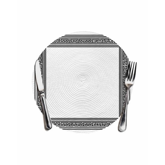 White Greek Key Round Placemats for Dinning Tables,Heat-proof Braided Table Mats 13 Inch,Geometric Greece Ancient Farmhouse Geo Washable Place Mat for Kitchen Restaurant Party Decor Table Setting