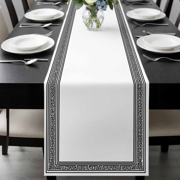 White Greek Key Table Runner 120 Inches Long, Geometric Greece Ancient Farmhouse Geo Kitchen Coffee Dining Table Decoration for Home Party Birthday Wedding Home Decor 13x120 Inches