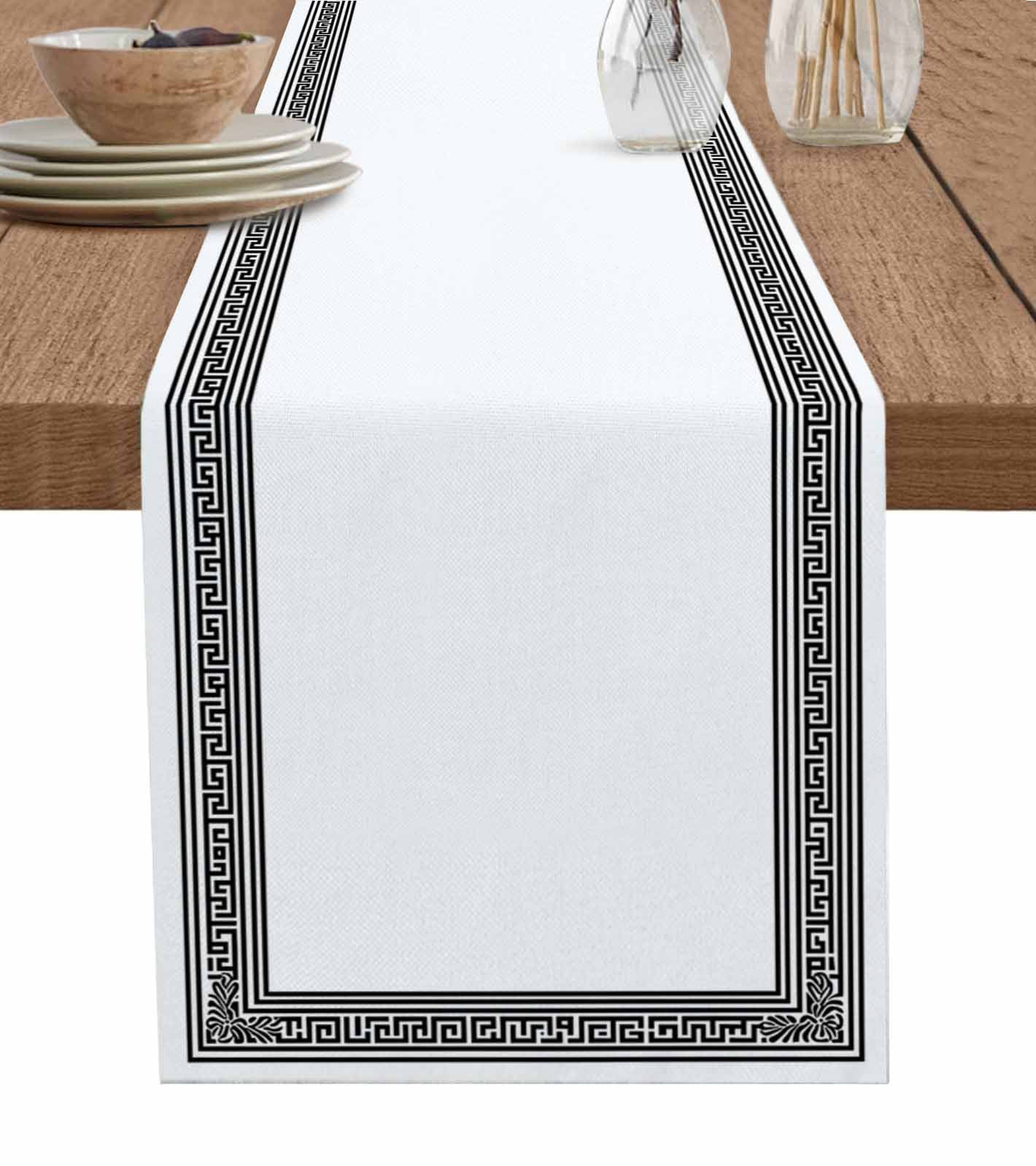 White Greek Key Table Runner 72 Inches, Geometric Greece Ancient Farmhouse Geo Bed Runner Dresser Scarves Tabletop for Indoor Outdoor Parties/Ceremony/Banquet, 14" x 72"