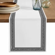 White Greek Key Table Runner, Geometric Greece Ancient Farmhouse Geo Washable Cotton Linen Table Runners 36 Inches Long, Dresser Scarf Runner for Nightstand/End Tables/Round Tables 13x36