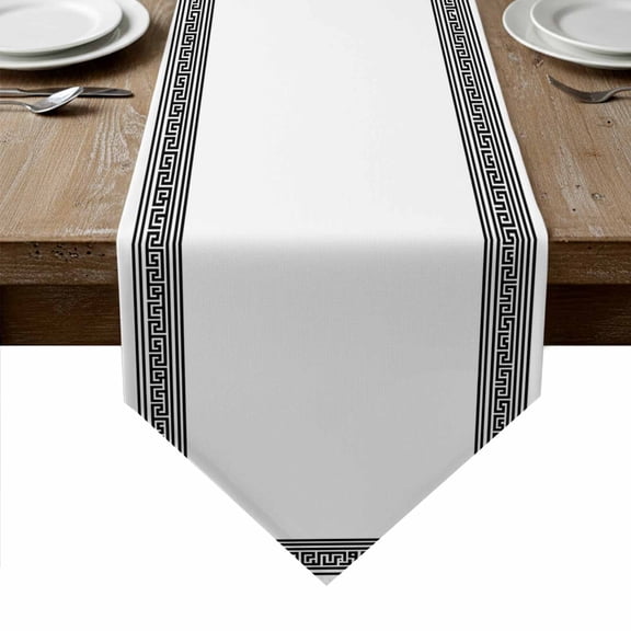 White Greek Key Table Runner Linen Burlap Table Runner 48 Inches Long Geometric Greece Ancient Farmhouse Geo Dresser Scarves for Kitchen Island Coffee Dining Room Party Holiday Decoration 13"x48"