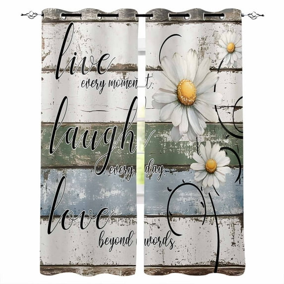 White Green Blue Blackout Curtains for Bedroom Living Room Darkening Curtains 96 Inches Long Vintage Wooden Rustic White Daisy Floral Window Curtain 2 Panels Set Window Treatment Drapes 52"x96"
