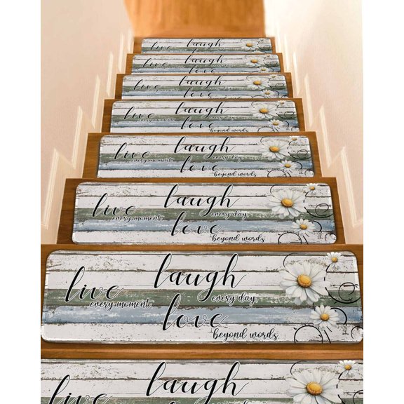 White Green Blue Stair Treads for Wooden Steps Indoor Runner Rug Carpet, Vintage Wooden Rustic White Daisy Floral 7 Pieces Peel and Stick Staircase Step Treads Covers Washable Throw Door Mats, 30"x8"