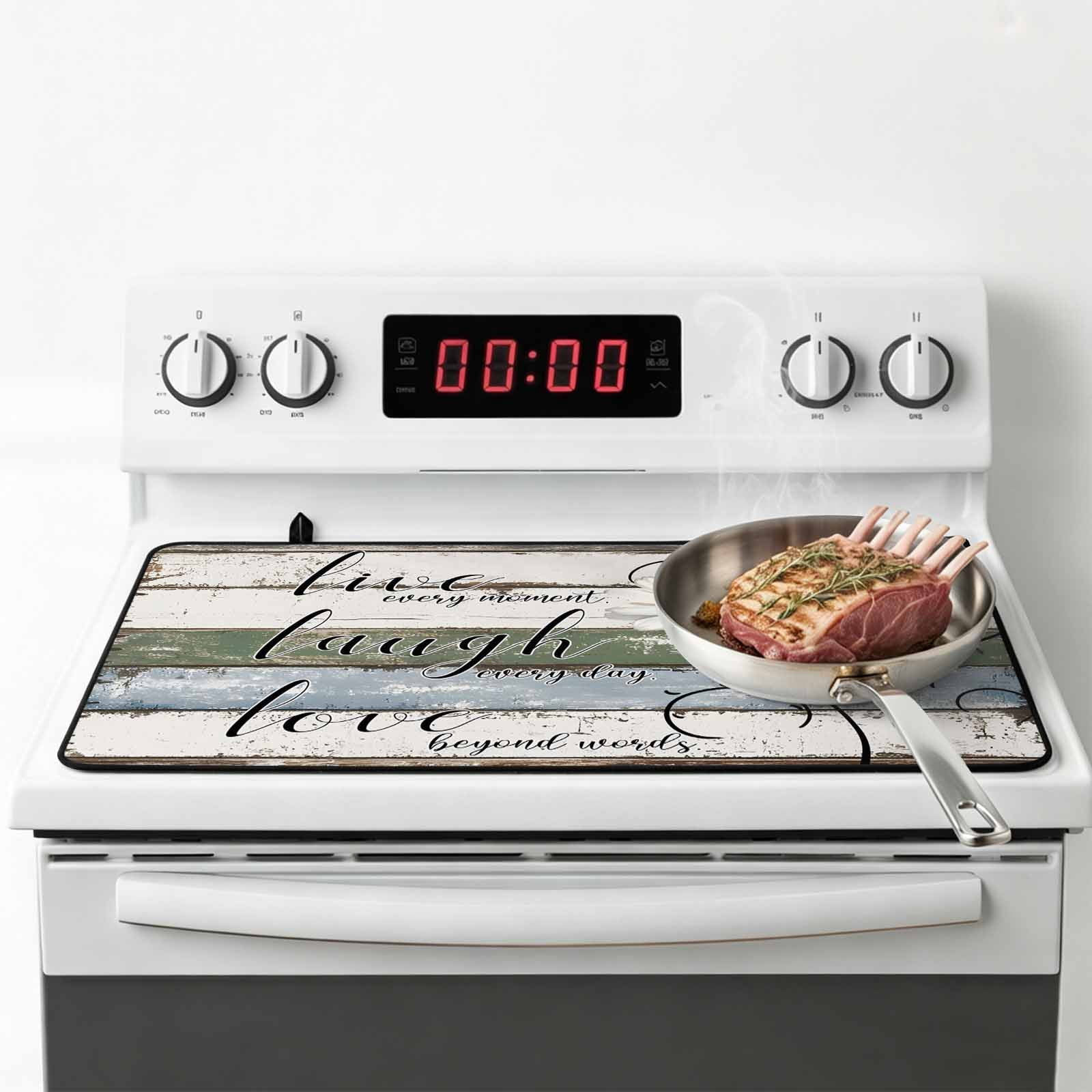White Green Blue Stove Top Cover for Electric Stove, Heat-proof & Non Slip Glass Top Stove Cover Protector, Vintage Wooden Rustic White Daisy Floral Kitchen Flat Cooktop Rubber Mat 24x21 Inches