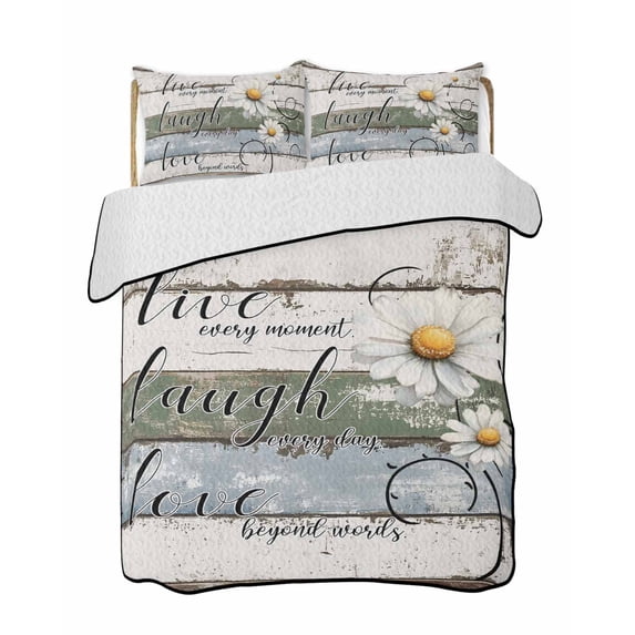 White Green Blue Summer Quilt Set Queen Size,Soft Quilted Bedding Set with 2 Pillow Shams,Vintage Wooden Rustic White Daisy Floral Lightweight All Season Bedspread Coverlet for Bedroom 90"x96"