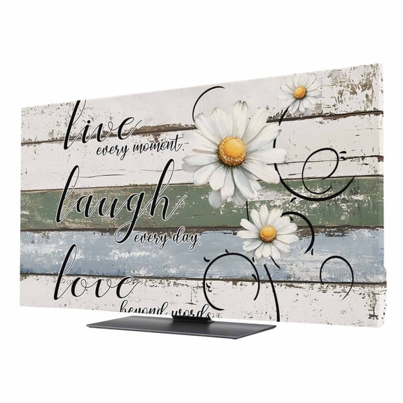 White Green Blue TV Cover for 50 Inch Screen,Stretch Fabric Dustproof TV Display Protector,Vintage Wooden Rustic White Daisy Floral Elastic Slipcover Monitor Cover for Desktop Computer 43.6"x24.5"