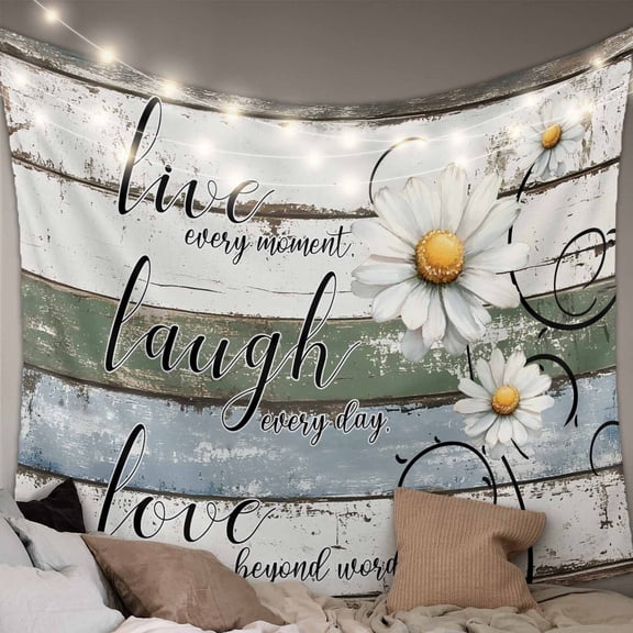 White Green Blue Tapestry for Bedroom Wall Hanging Tapestry, Vintage Wooden Rustic White Daisy Floral Ceiling Backdrop Tapestries Poster Blanket Wall Decor for Teens Room Living Room Dorm 39" x 59"