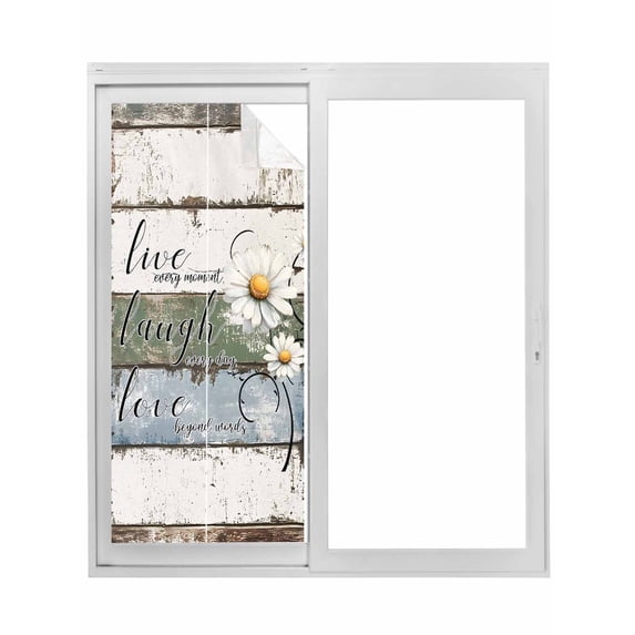 White Green Blue Window Privacy Film, Vintage Wooden Rustic White Daisy Floral Static Cling UV Sun Blocking Tint Film Heat Control Windows Films for Bedroom Bathroom, Window Stickers 29.5"x78.7"