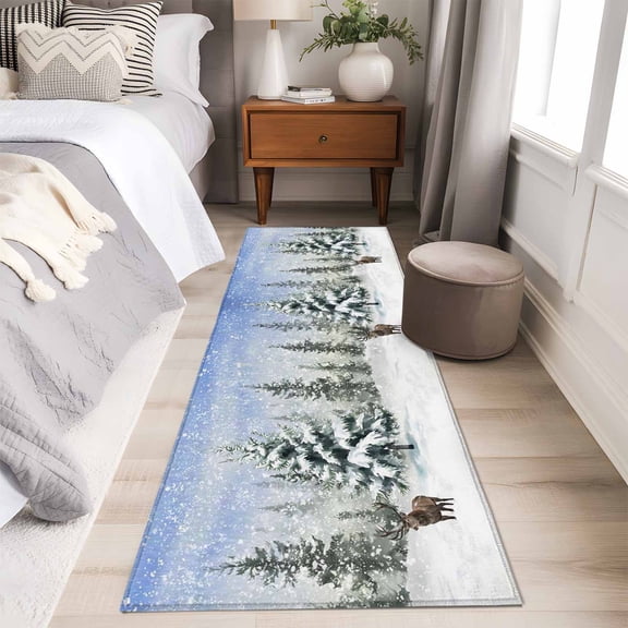 White Green Christmas Runner Rug 2x6 FT,Non Slip Hallway Carpet,Snowflake Xmas Tree Deer Winter Washable Soft Floor Carpet Throw Runner Carpet Long Rug for Entryway Kitchen Bedside Sliding Door