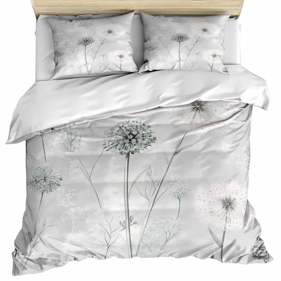 White Green Dandelion Bedding 3 Piece Duvet Cover Set Queen Size, Grey Floral Leaves Soft Microfiber Comforter Cover with Zipper Closure & Pillowcases, Wrinkle & FadeResistant Quilt Cover