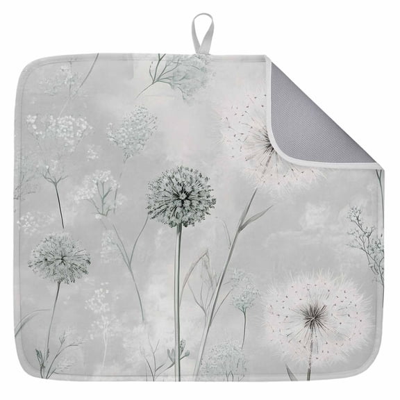 White Green Dandelion Dish Drying Mat for Kitchen Counter, Grey Floral Leaves Dish Mat Drying Kitchen Mat for Sink Fridge Drawer Absorbent Dishes Drainer Mats Microfiber Drying Pad 1pcs 16"x18"