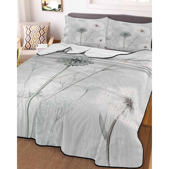 White Green Dandelion King Size Down Alternative Comforter, Lightweight Comforter Quilt Bedding Set with Pillow Shams Grey Floral Leaves All Seasons Bed Comforter Duvet Insert 96"x106"