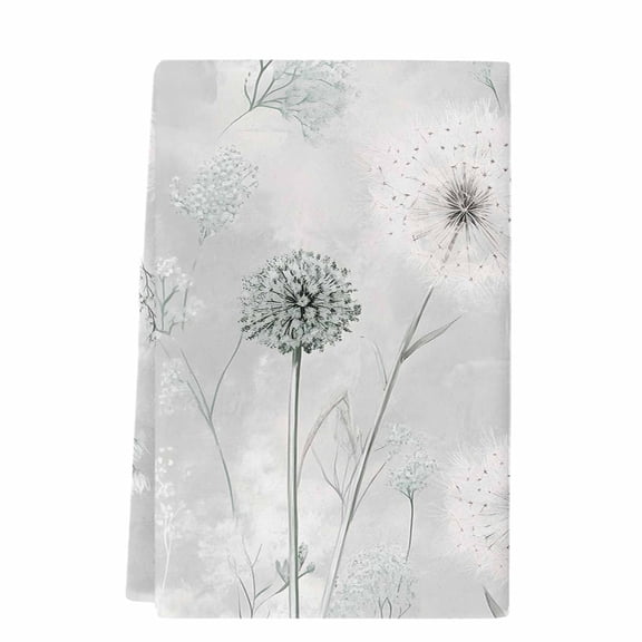 White Green Dandelion Microfiber Kitchen Towel, Grey Floral Leaves Soft Absorbent Dish Towels, Quick Drying Washable Dishcloths for Kitchen Cleaning, Drying Dishes, 18x28 Inches