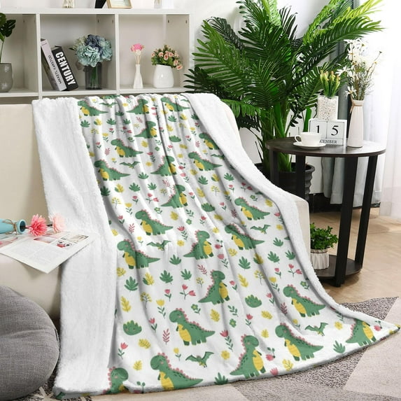 White Green Dinosaurs Floral Pattern Blanket,Comfortable Soft Lamb Wool Throw Blanket,All Season,Warm Lightweight Blankets for Sofa Bed Couch Living Room Chair,40"x50"
