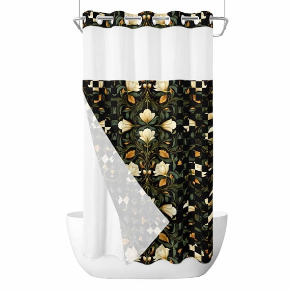 White Green Flower No Hook Shower Curtain Waterproof,Bathroom Curtains with Snap in Liners and See Through Top Window,Vintage Geometric Floral Plant Leaves Hotel Bathtub Curtains Shower 36"Wx72"L