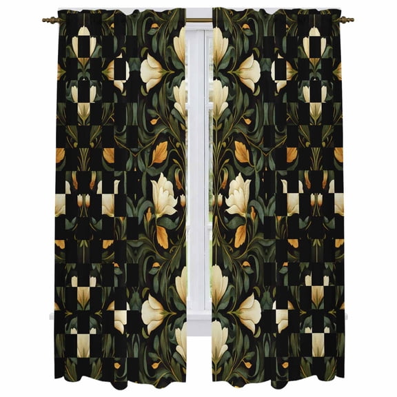 White Green Flower Kitchen Curtains, Vintage Geometric Floral Plant Leaves Light Filtering Window Curtain Panels, 2Pcs Rod Pocket Window Treatments Set for Living Room Bathroom Bedroom 52x72 Inches