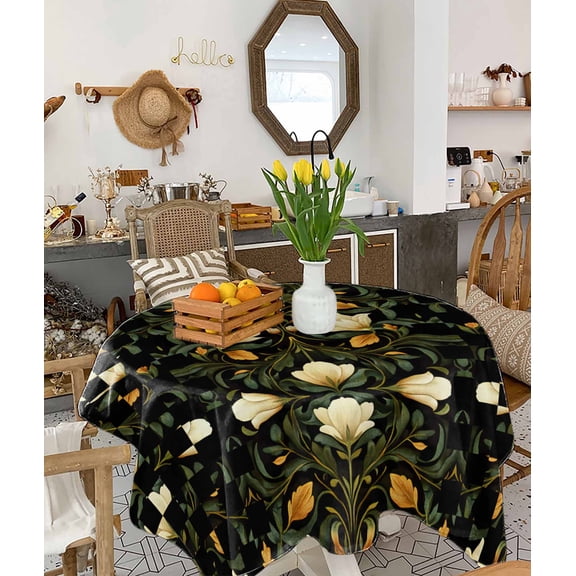 White Green Flower Tablecloth Square Table Cloth 54x54, Waterproof Tablecloth Outdoor Table Cloth, Vintage Geometric Floral Plant Leaves Washable Table Cover for Kitchen Dining Party