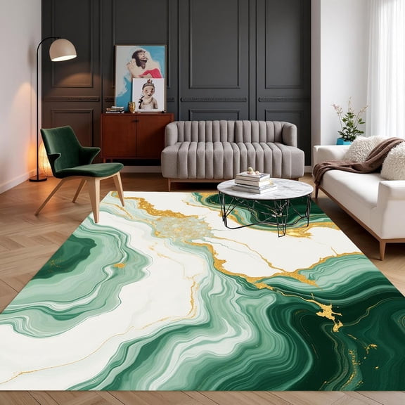 White Green Gold Marble Area Rugs, Fluid Swirl Abstract Design Carpet, Washable Non Slip Low Pile Rug for Living Room Bedroom Dining Table Kitchen Decor Mat 2x3ft