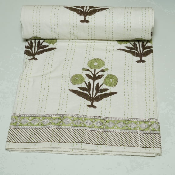 Ozark Textile White Green Indian Kantha Quilt Handmade Cotton Bedspread | Floral Block Print Blanket for Cozy Home Decor